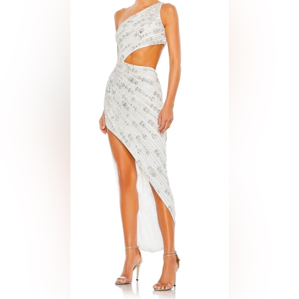 Mac Duggal White and Silver Embellished Dress